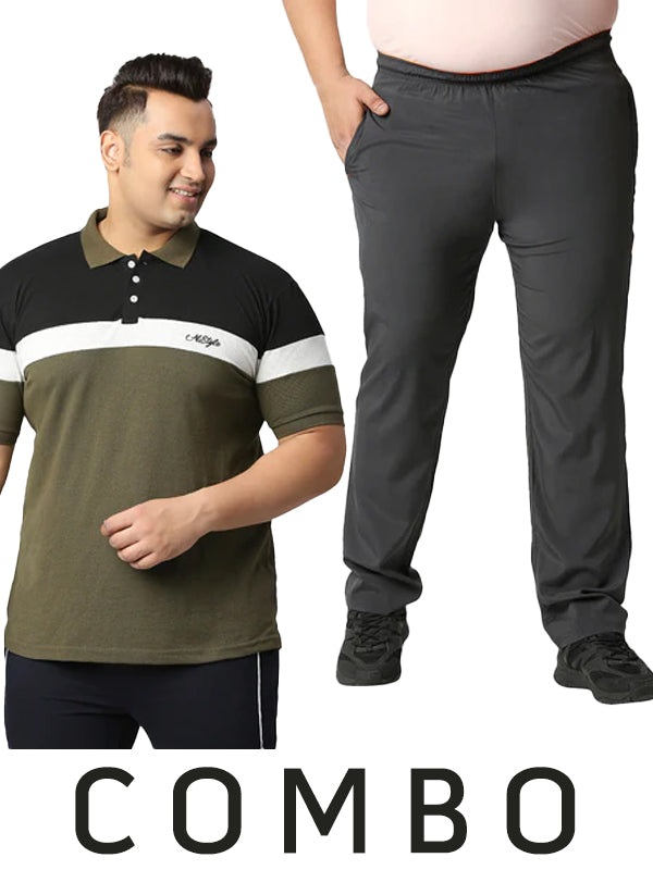 Rapid Cotton Olive Green T-Shirt & Slim Fit Jogging Track Pants For Men In Dark Grey Combo