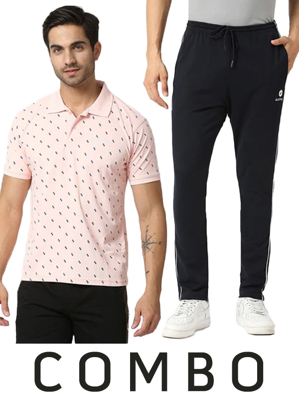 Light Pink Printed Polo T-Shirt & Workout Track Pants For Men In Navy Combo