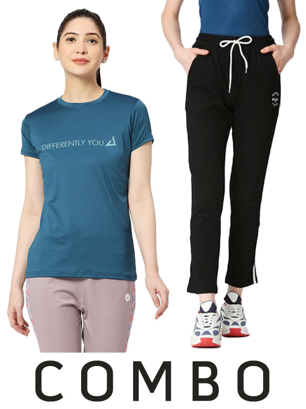 Women differently you Printed T-Shirt in Blue & Relaxed Fit Cotton Black Color Track Pant Combo