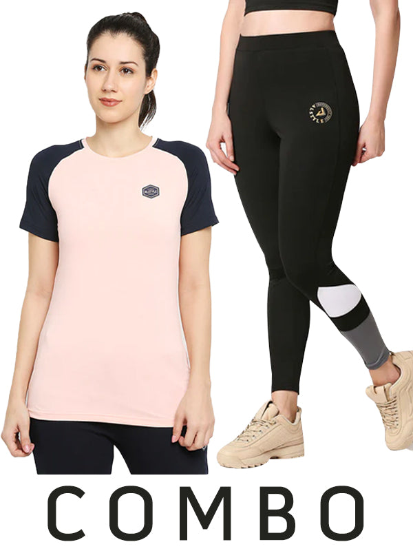 Alstyle Women's Flexible Dri-Fit T-Shirt In Pink & Black Leggings Combo