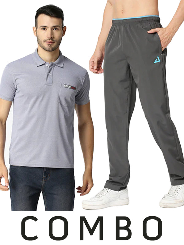 Men Lavender Polo Collar Slim Fit T-Shirt & Plain Dark Grey Sleek Track Pants Combo