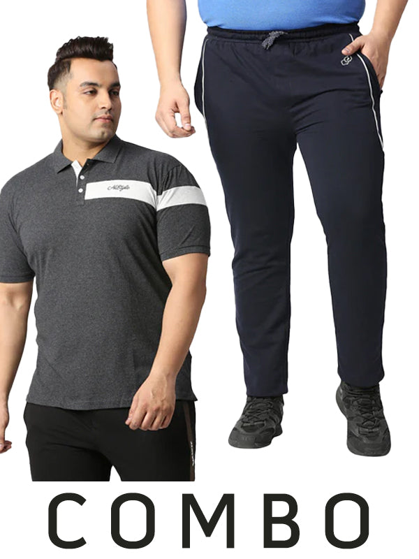 Solid Polo Collar Dri-Fit T-Shirt In Anthra Black & Navy Blue Mens Track Pants For Training Combo