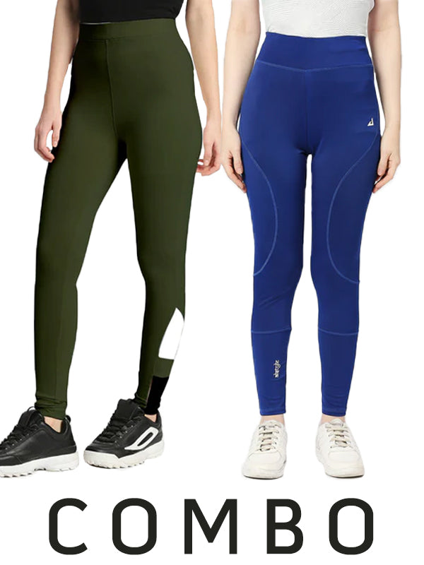 Patterned Slim Fit Royal Blue Jeggings & Stretchable Olive Green Women's Tights Combo