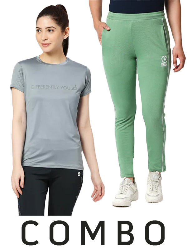 Women Steel Grey half Sleeved Printed T-Shirt & Women's Solid Green Track Pants Combo