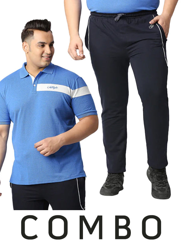 Men Training Cotton Blue Polo Neck T-Shirt & Training Track Pants In Navy Combo