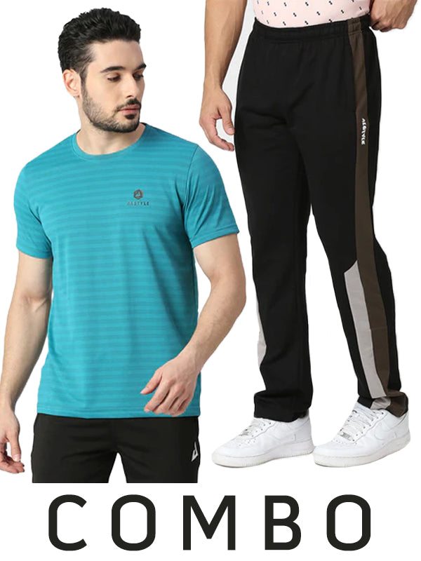 Men For Dri-Fit Striped T-Shirt for Sea Green Hue & Stylish Black Workout Track-Pants Combo