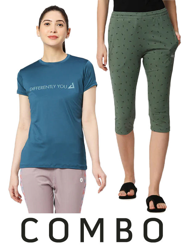 Women differently you Printed T-Shirt in Blue & Printed Olive Green Capri Combo