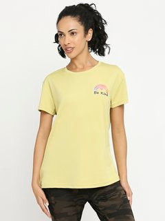 Women Polyster Lycra half Sleeve Round Neck Tshirt Lemon