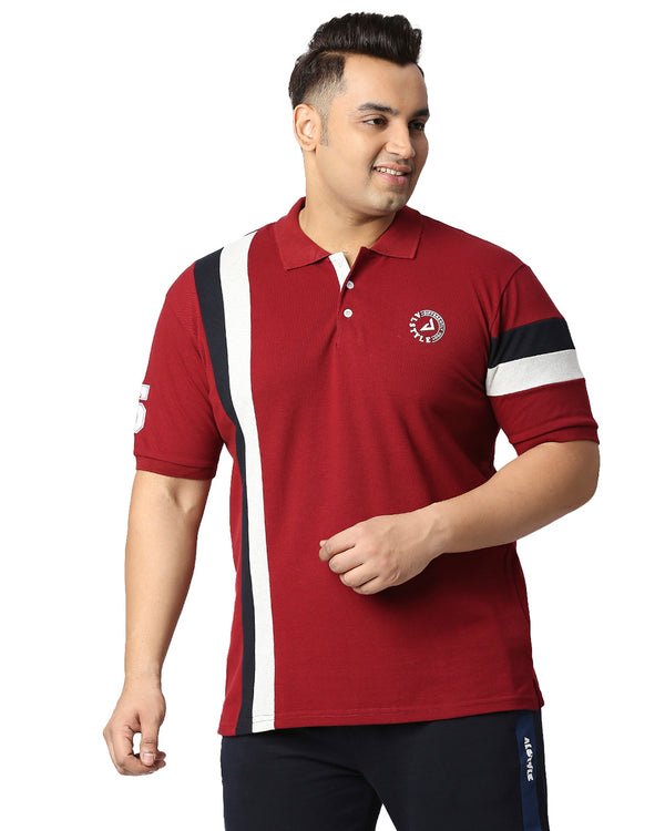 Sporty Maroon Collared T-Shirt with Strip Pattern