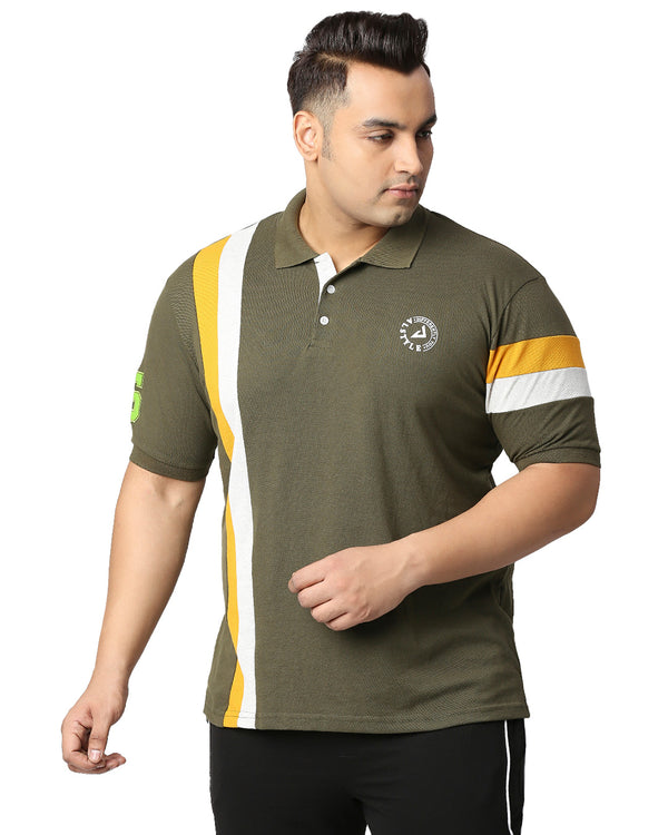 Plus Size Collar Neck T-Shirt in Olive Green with Yellow and White Pattern