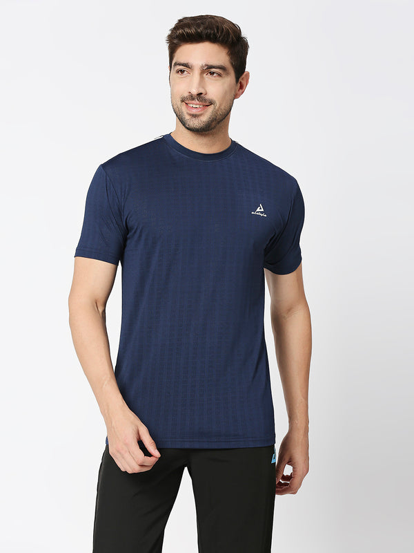 Men Navy Blue Logo Printed Stripped Gym T-Shirt