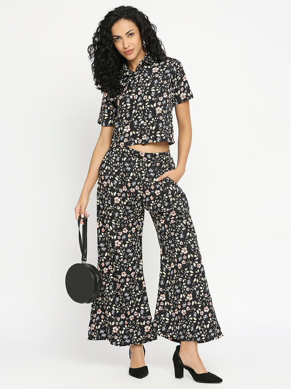 Women's Co-ord Set Flower Black Crop Shirt & Elasticated Waist Pant Set)