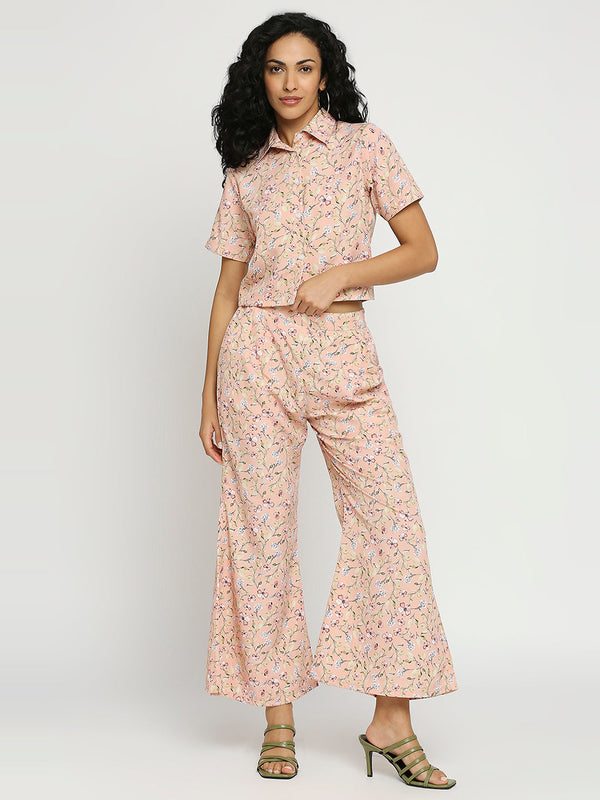 Women's Co-ord Set (Flower Peach Crop Shirt & Elasticated Waist Pant Set)