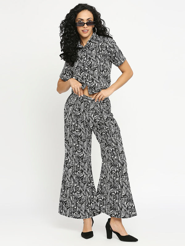 Women's Co-ord Set Print Black Crop Shirt & Elasticated Waist Pant Set)