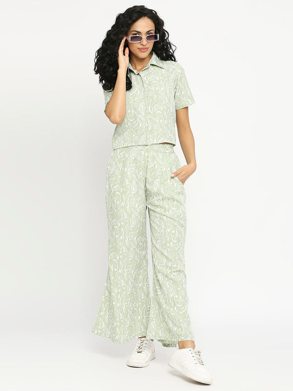 Women's Co-ord Set Print Green Crop Shirt & Elasticated Waist Pant Set)