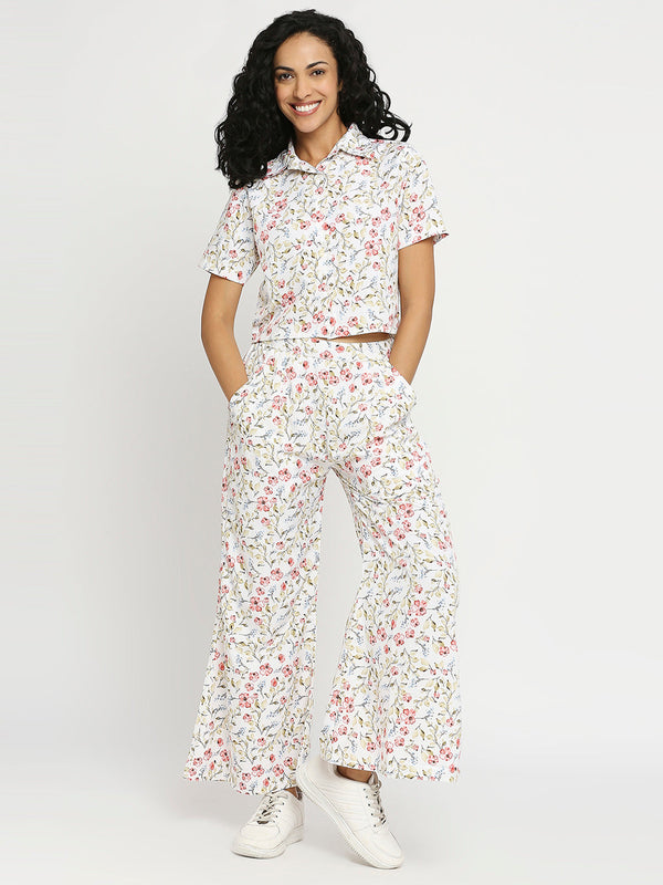 Women's Co-ord Set (Flower White Crop Shirt & Elasticated Waist Pant Set)