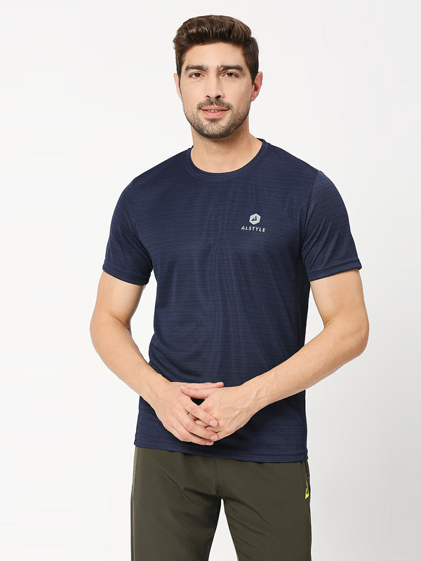 Plain Half Sleeved Navy Lycra T-Shirt